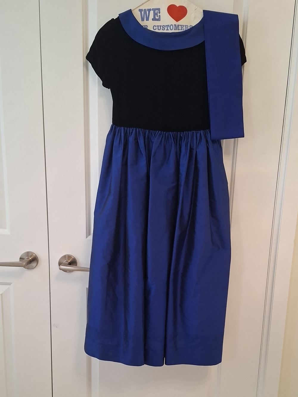 Vintage Girl Silk Velour Black & Royal Blue Two-Tone Long Dress with Sash Tulle